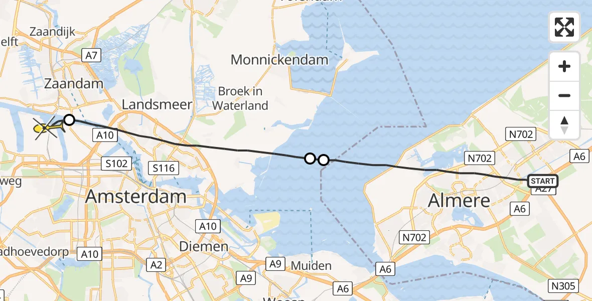 Routekaart van de vlucht: Lifeliner 1 naar Amsterdam Heliport