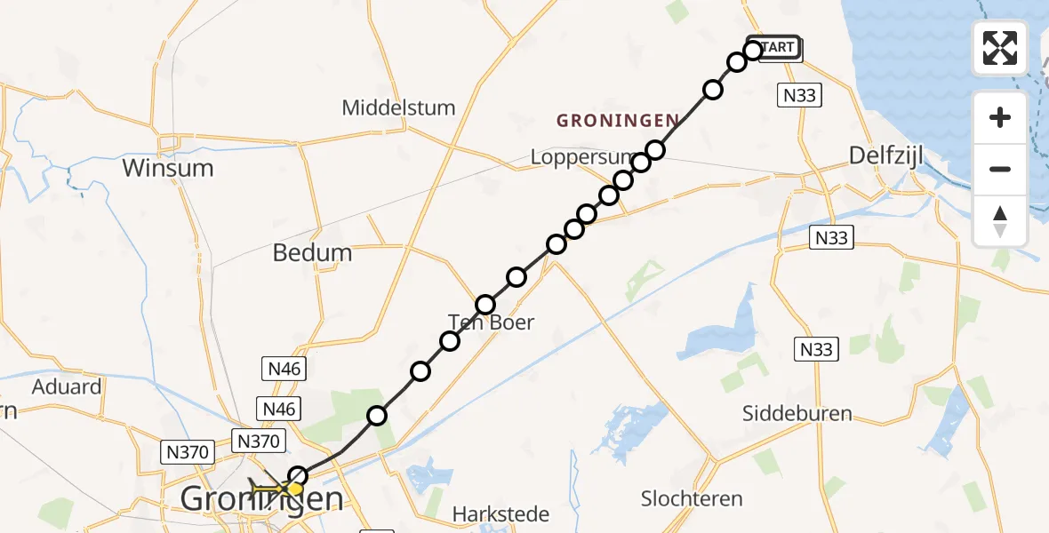 Routekaart van de vlucht: Lifeliner 4 naar Universitair Medisch Centrum Groningen