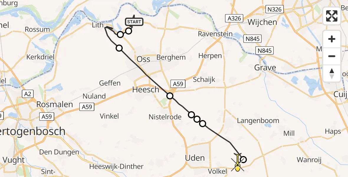 Routekaart van de vlucht: Politieheli naar Vliegbasis Volkel