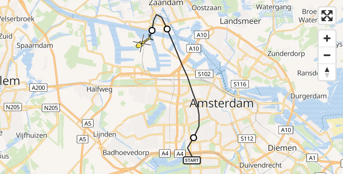 Routekaart van de vlucht: Lifeliner 1 naar Amsterdam Heliport