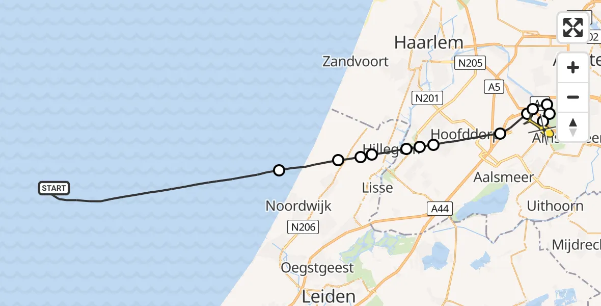 Routekaart van de vlucht: Politieheli naar Schiphol