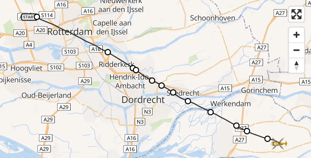Vluchtroute Traumahelikopter Schiedam - Babyloniënbroek, 03 juli 2023, 09:48