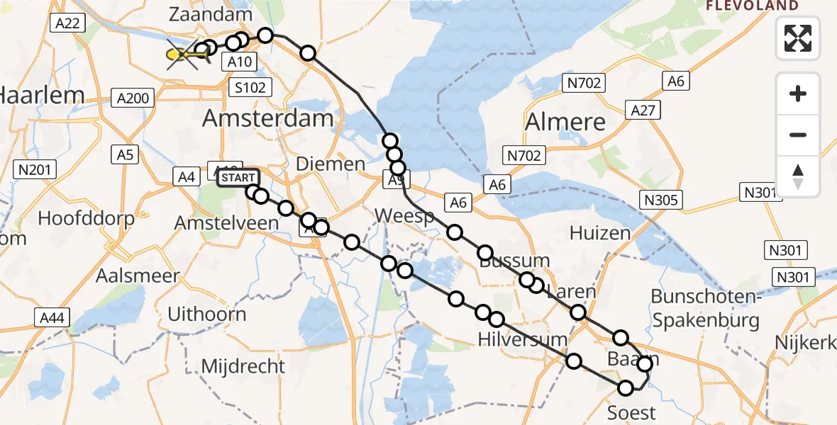 Routekaart van de vlucht: Lifeliner 1 naar Amsterdam Heliport