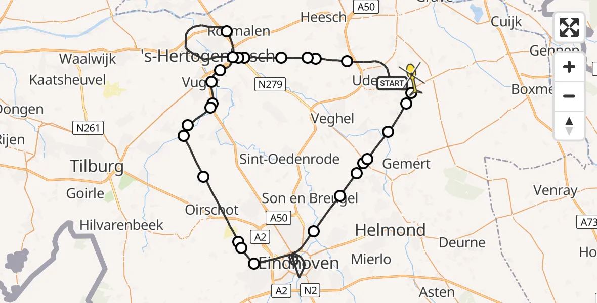 Routekaart van de vlucht: Politieheli naar Vliegbasis Volkel