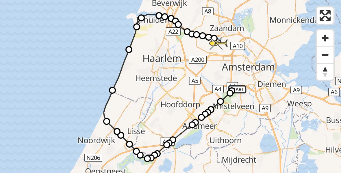 Routekaart van de vlucht: Lifeliner 1 naar Amsterdam Heliport