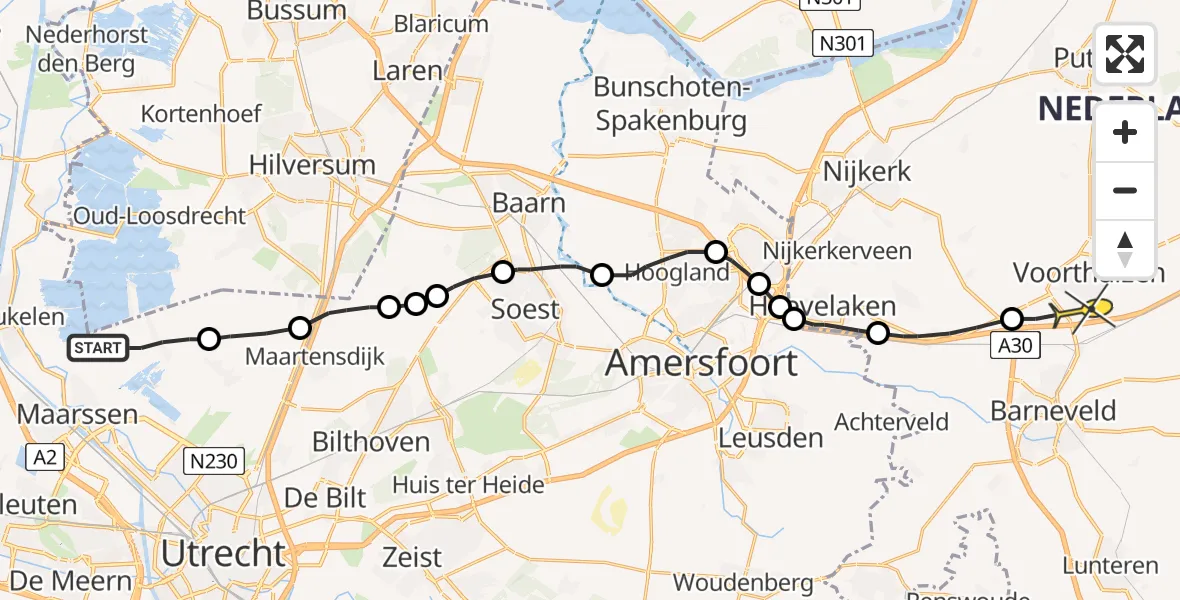 Routekaart van de vlucht: Politieheli naar Voorthuizen