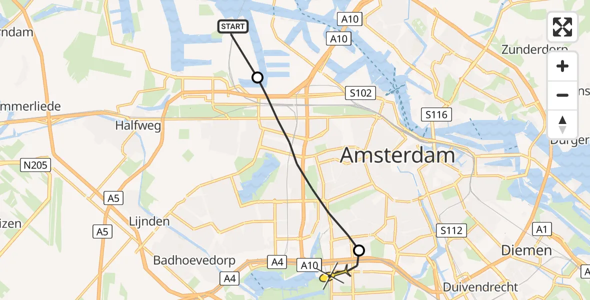 Routekaart van de vlucht: Lifeliner 1 naar VU Medisch Centrum Amsterdam