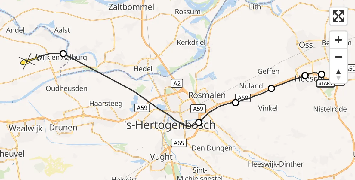 Routekaart van de vlucht: Politieheli naar Wijk en Aalburg