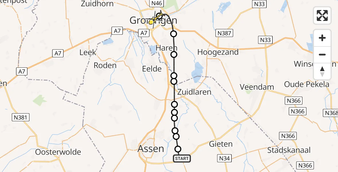 Routekaart van de vlucht: Lifeliner 4 naar Universitair Medisch Centrum Groningen