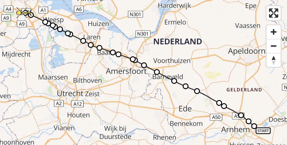 Routekaart van de vlucht: Politieheli naar Amsterdam