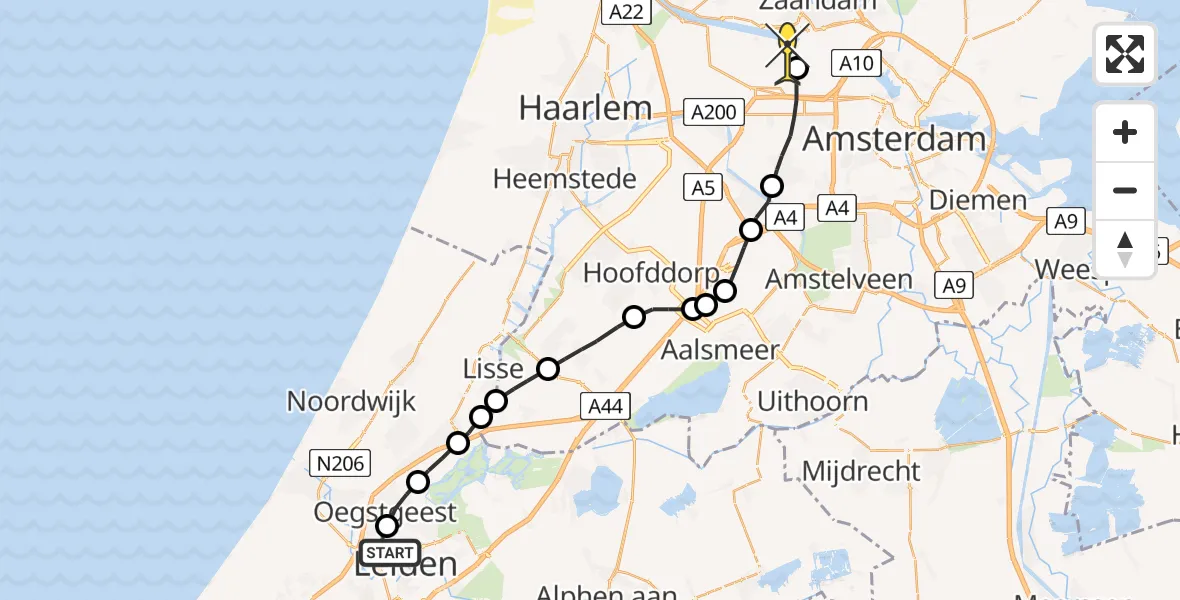 Routekaart van de vlucht: Lifeliner 1 naar Amsterdam Heliport