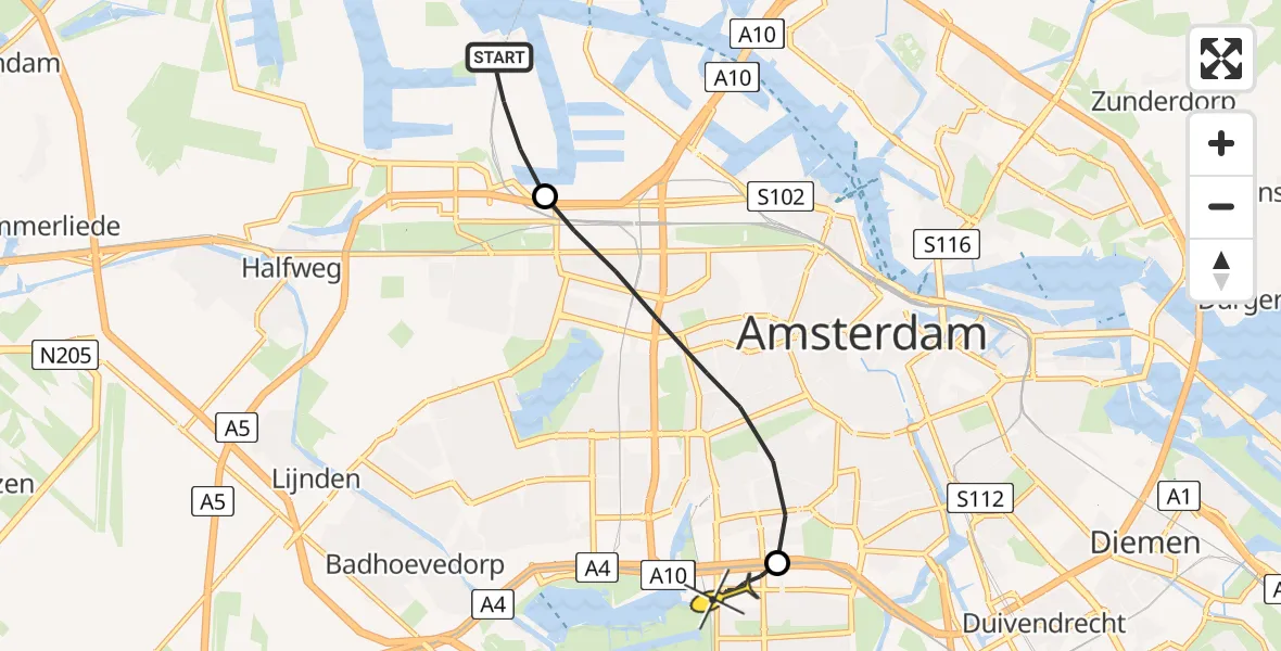 Routekaart van de vlucht: Lifeliner 1 naar VU Medisch Centrum Amsterdam