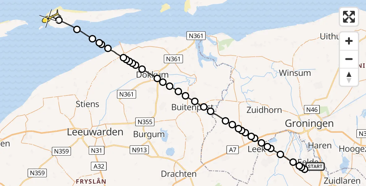 Routekaart van de vlucht: Lifeliner 4 naar Hollum