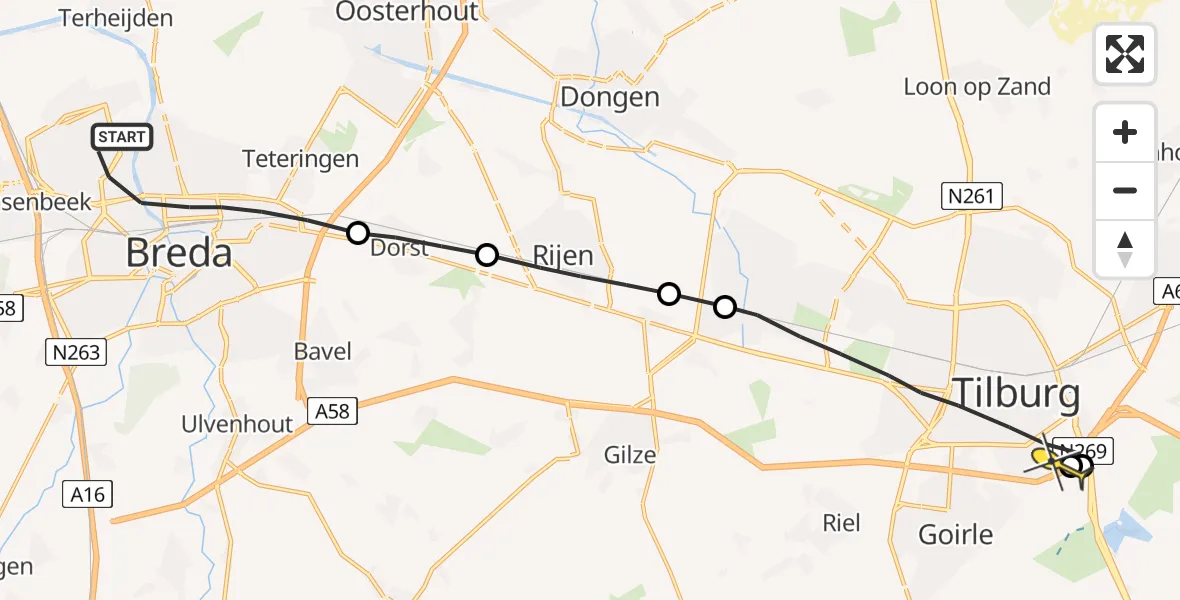 Routekaart van de vlucht: Lifeliner 1 naar Tilburg