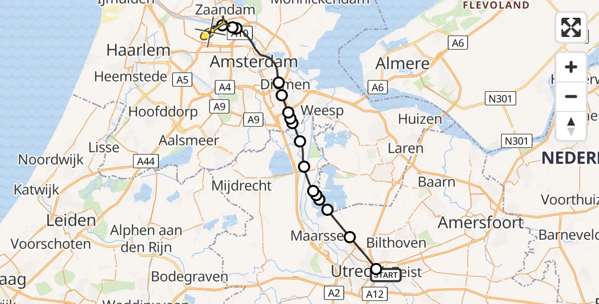 Routekaart van de vlucht: Lifeliner 1 naar Amsterdam Heliport