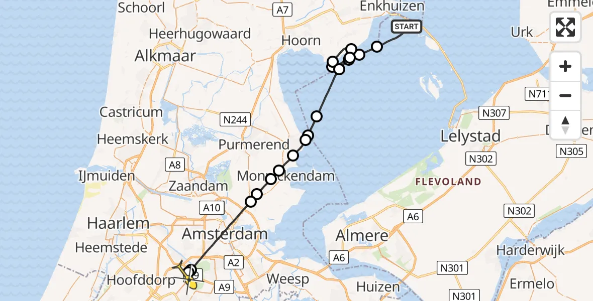 Routekaart van de vlucht: Politieheli naar Schiphol