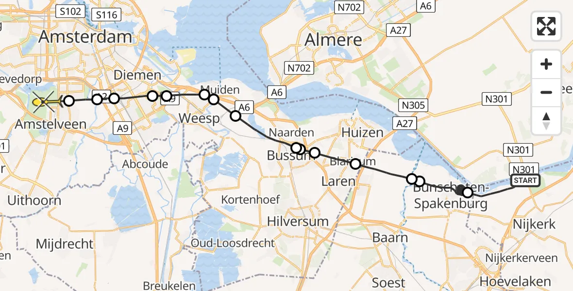 Routekaart van de vlucht: Politieheli naar Amstelveen