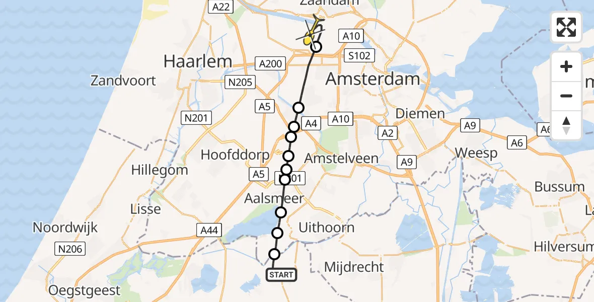 Routekaart van de vlucht: Lifeliner 1 naar Amsterdam Heliport