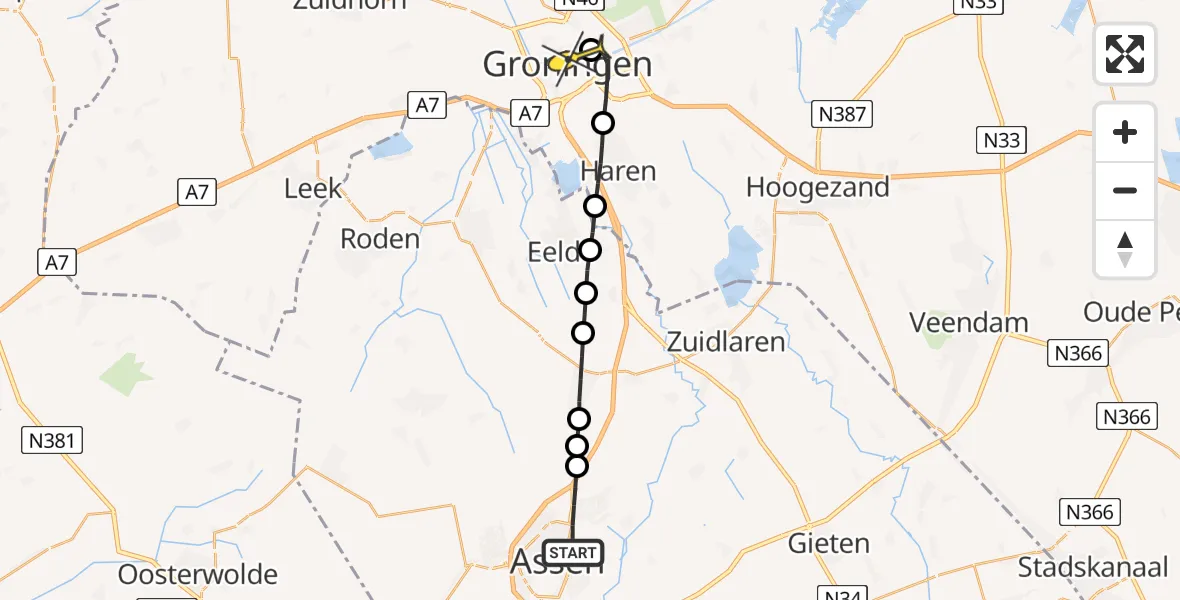 Routekaart van de vlucht: Lifeliner 4 naar Universitair Medisch Centrum Groningen