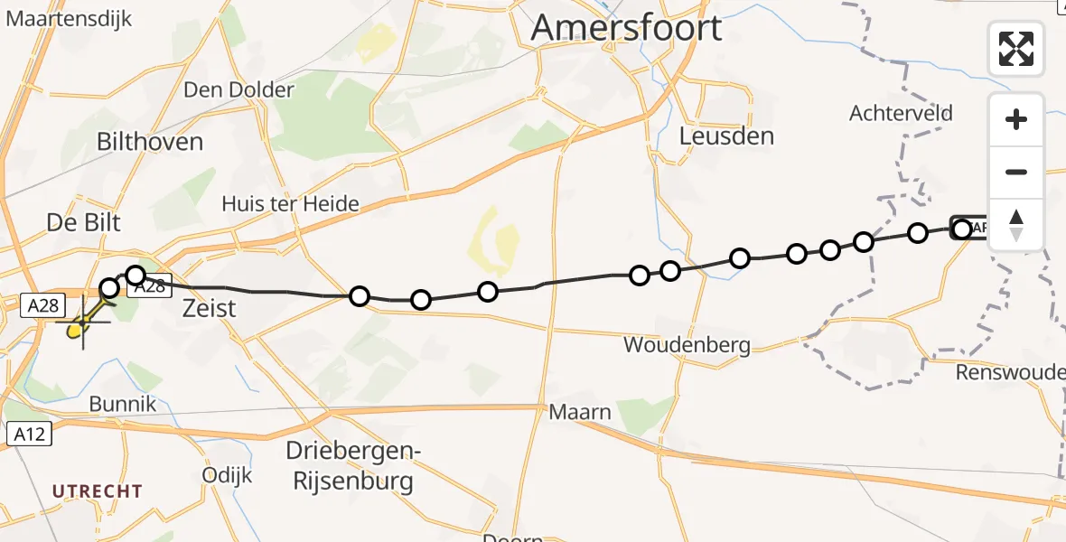 Routekaart van de vlucht: Lifeliner 3 naar Universitair Medisch Centrum Utrecht