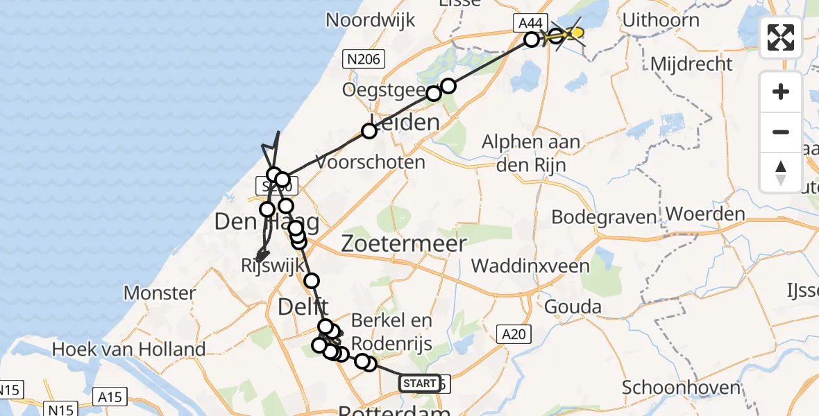 Routekaart van de vlucht: Politieheli naar Leimuiden