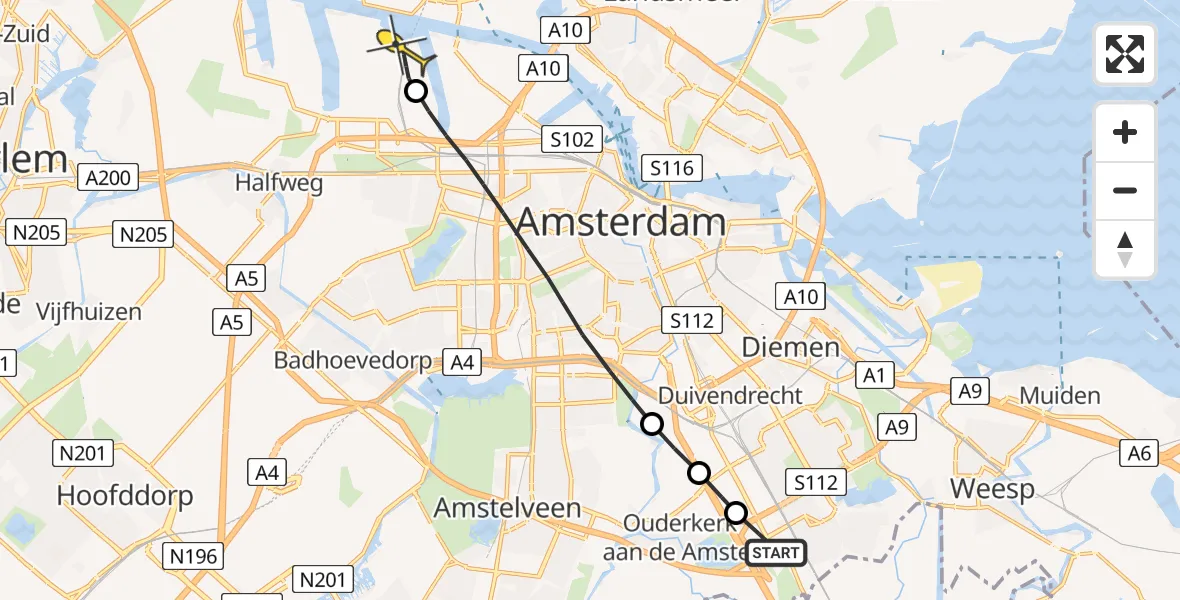 Routekaart van de vlucht: Lifeliner 1 naar Amsterdam Heliport