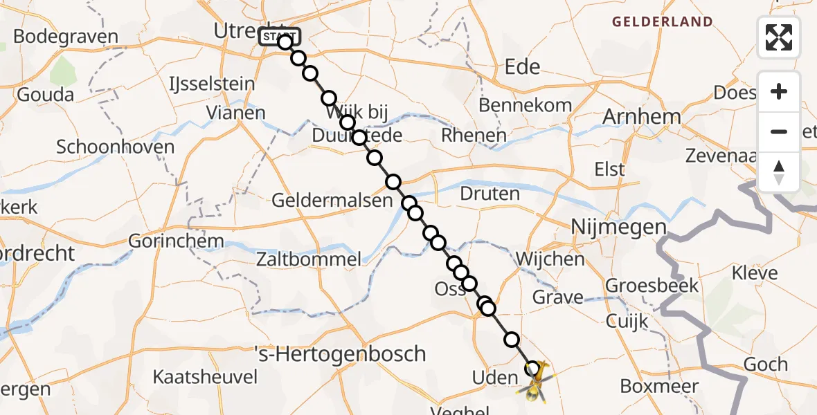 Vluchtroute Traumahelikopter Universitair Medisch Centrum Utrecht - Vliegbasis Volkel, 07 juli 2023, 05:35