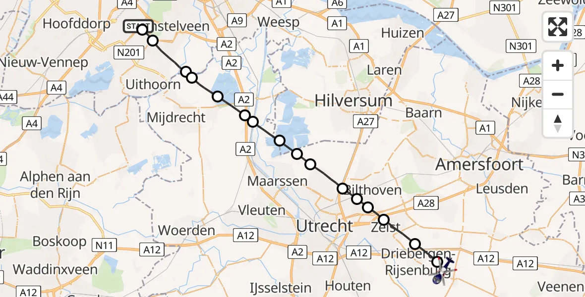 Routekaart van de vlucht: Politiehelikopter naar Doorn