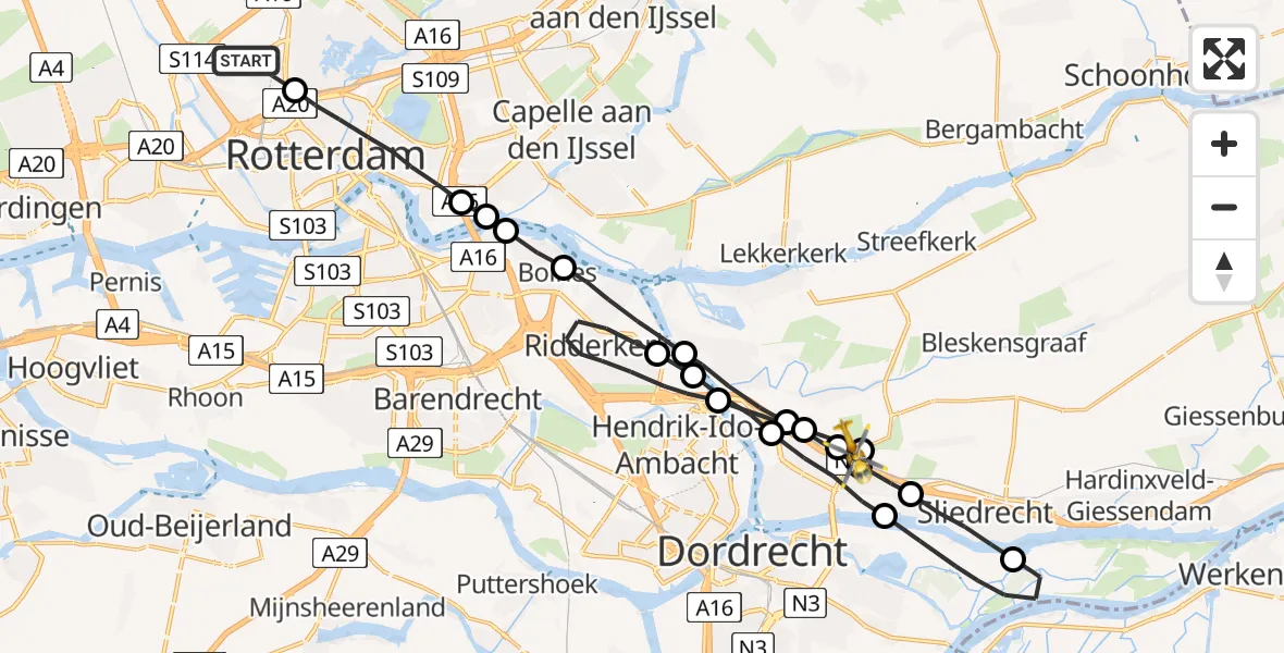 Vluchtroute Traumahelikopter Rotterdam The Hague Airport - Oud-Alblas, 07 juli 2023, 08:44