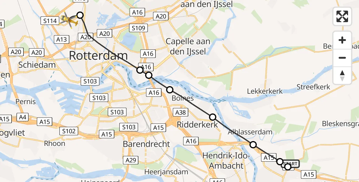 Vluchtroute Traumahelikopter Oud-Alblas - Rotterdam The Hague Airport, 07 juli 2023, 09:02
