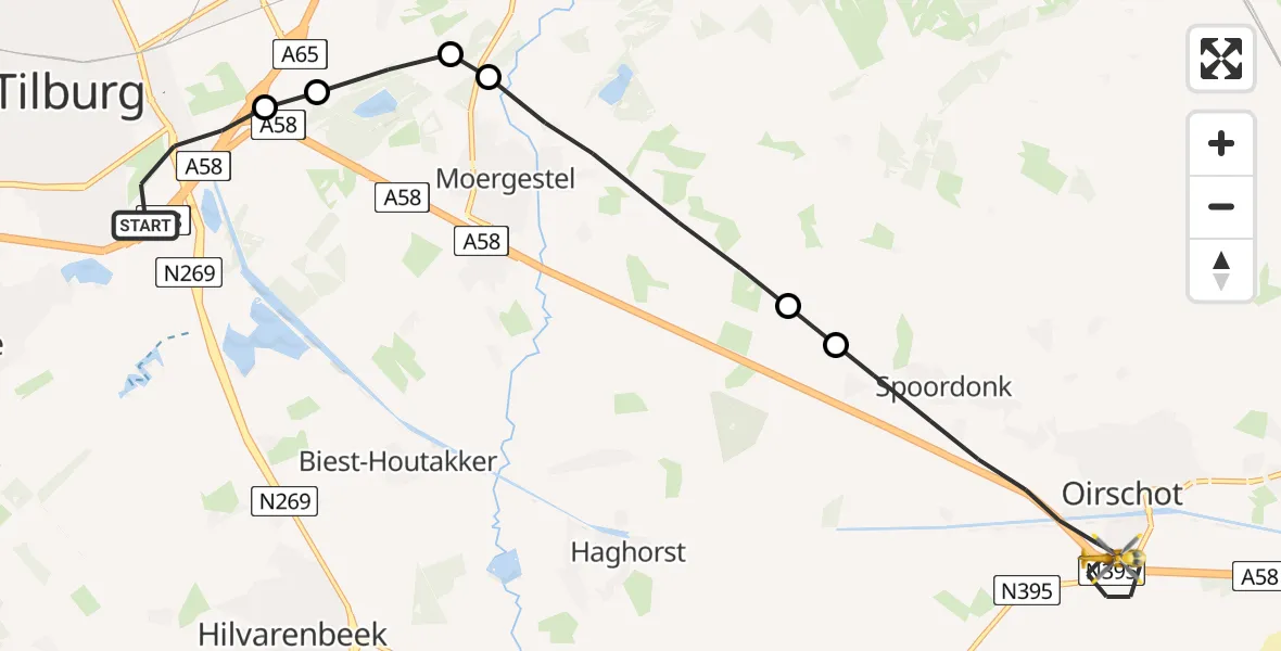 Vluchtroute Traumahelikopter Tilburg - Oirschot, 07 juli 2023, 09:03