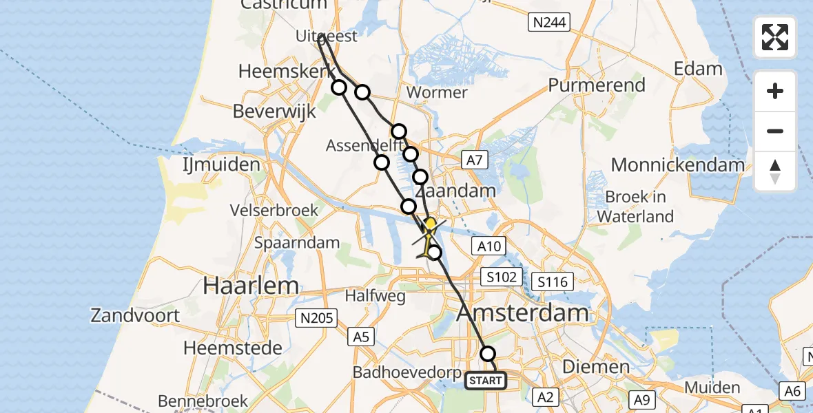 Routekaart van de vlucht: Lifeliner 1 naar Amsterdam Heliport