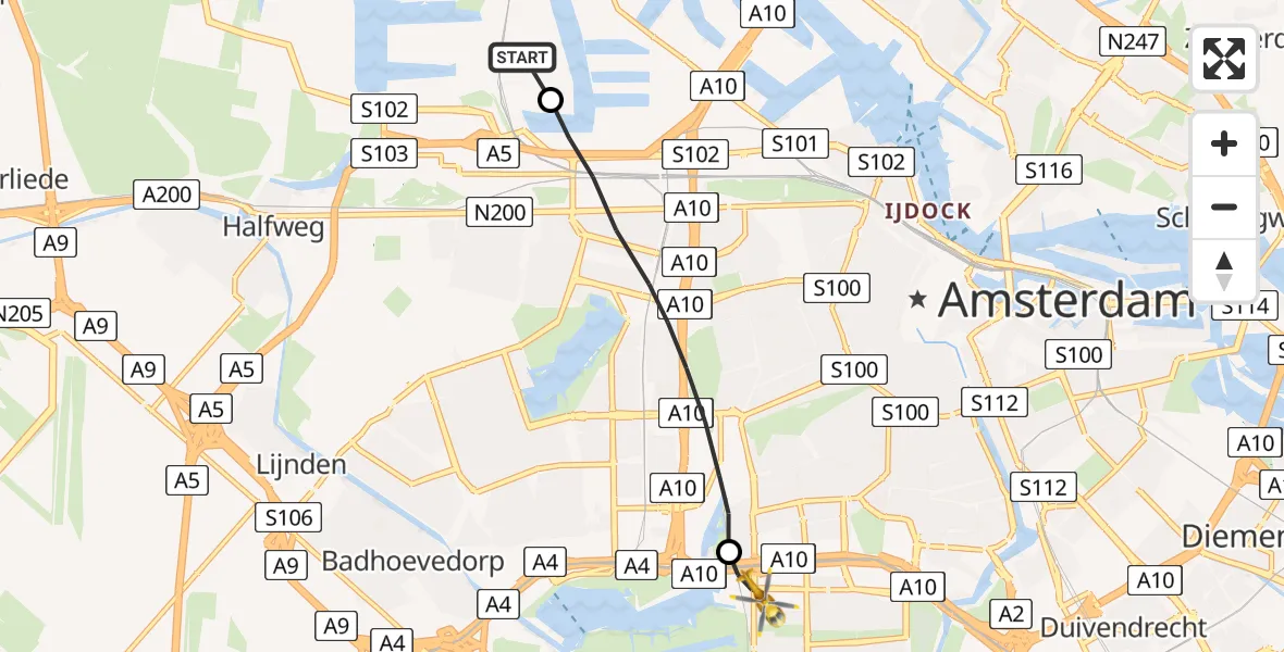 Vluchtroute Traumahelikopter Amsterdam Heliport - VU Medisch Centrum Amsterdam, 07 juli 2023, 09:51