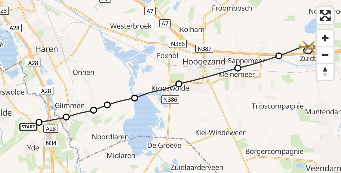 Vluchtroute Traumahelikopter Groningen Airport Eelde - Zuidbroek, 07 juli 2023, 13:40