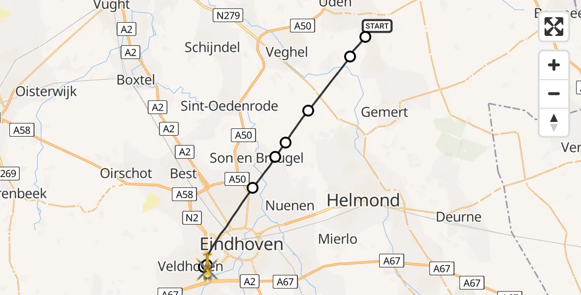 Vluchtroute Traumahelikopter Volkel - Eindhoven, 07 juli 2023, 13:55