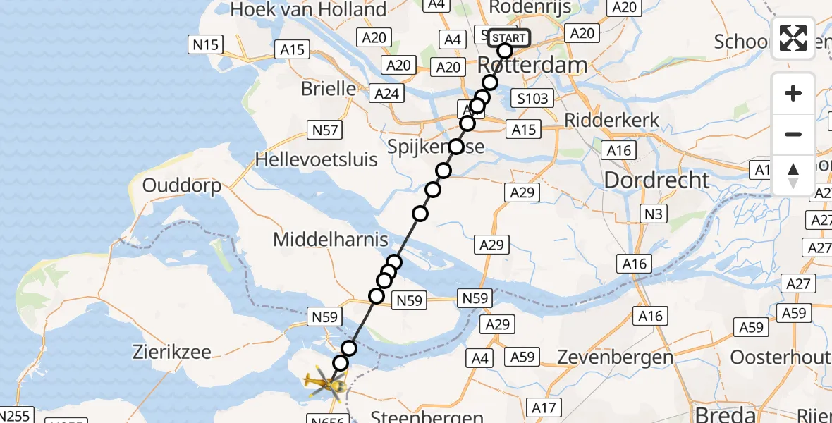 Vluchtroute Traumahelikopter Rotterdam The Hague Airport - Sint Philipsland, 07 juli 2023, 13:56