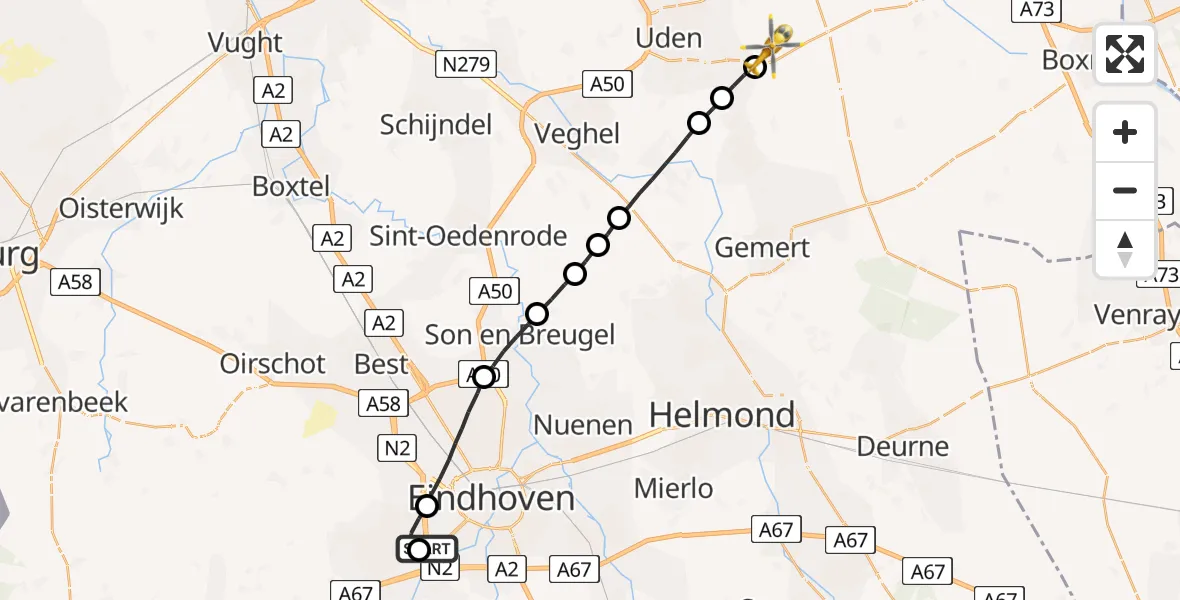 Vluchtroute Traumahelikopter Eindhoven - Vliegbasis Volkel, 07 juli 2023, 14:20