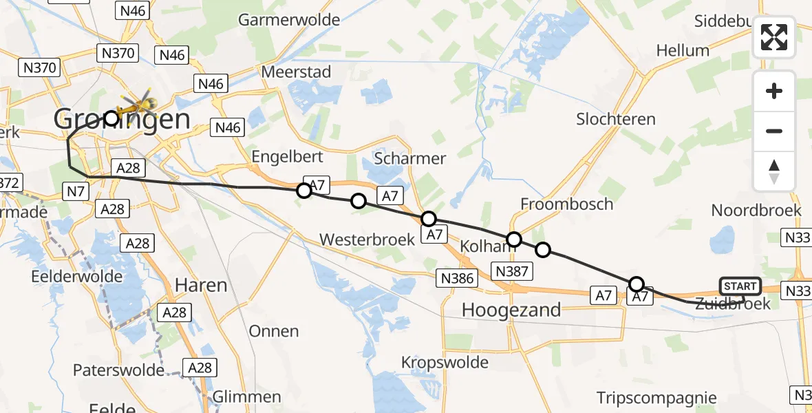 Vluchtroute Traumahelikopter Zuidbroek - Universitair Medisch Centrum Groningen, 07 juli 2023, 14:23