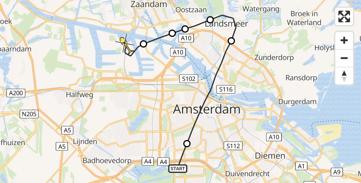 Routekaart van de vlucht: Lifeliner 1 naar Amsterdam Heliport