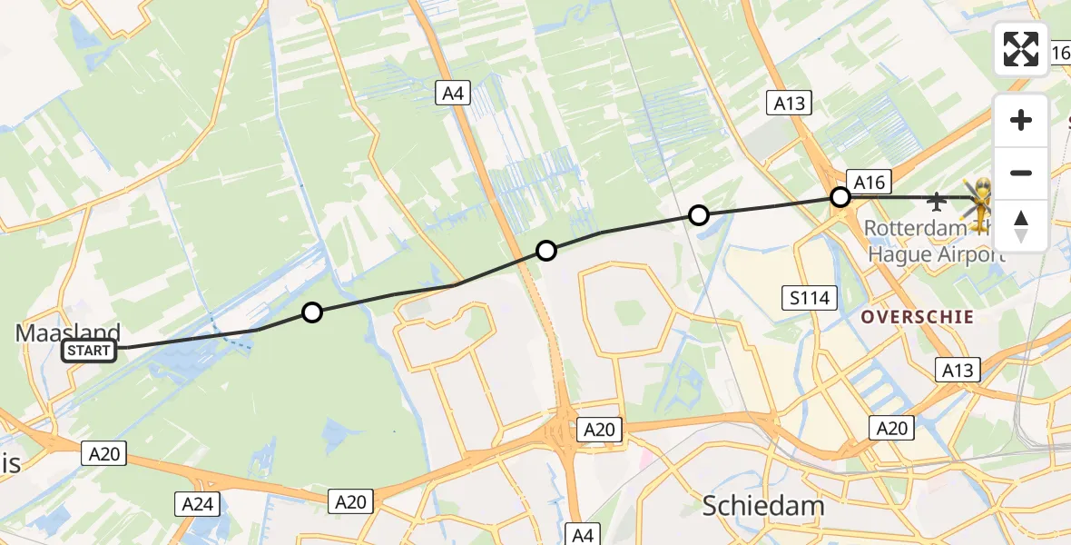 Vluchtroute Traumahelikopter Maasland - Rotterdam The Hague Airport, 07 juli 2023, 15:11