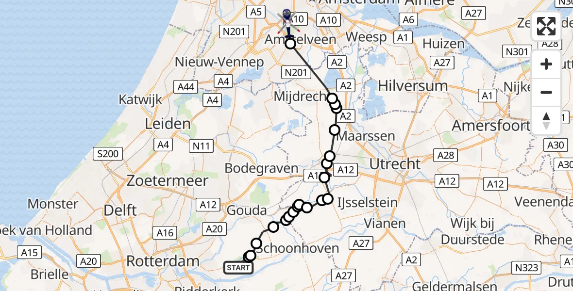Vluchtroute Politiehelikopter van Lekkerkerk naar Amsterdam
