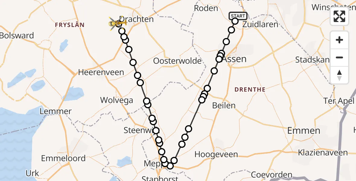Vluchtroute Traumahelikopter Groningen Airport Eelde - De Wilgen, 07 juli 2023, 15:33