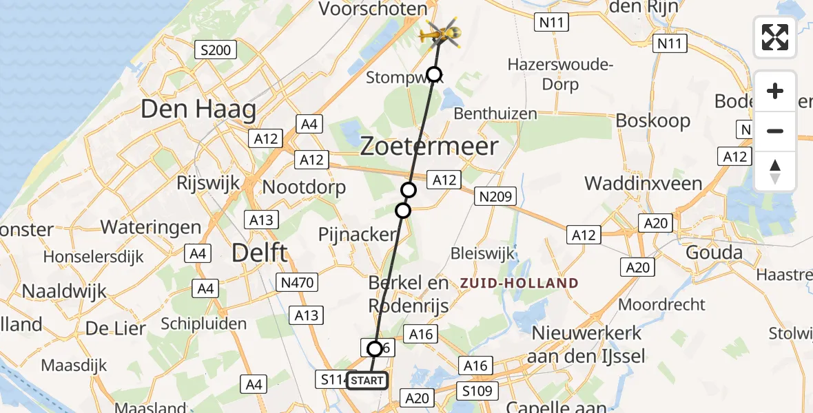 Vluchtroute Traumahelikopter Rotterdam The Hague Airport - Zoeterwoude, 07 juli 2023, 16:15