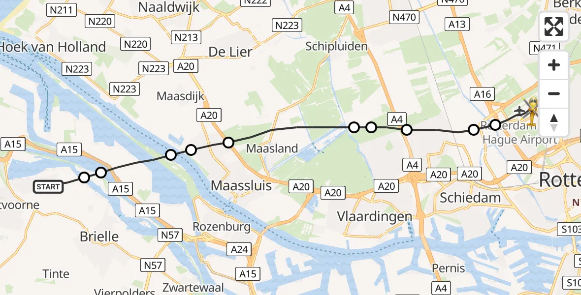 Vluchtroute Traumahelikopter Oostvoorne - Rotterdam The Hague Airport, 07 juli 2023, 17:35