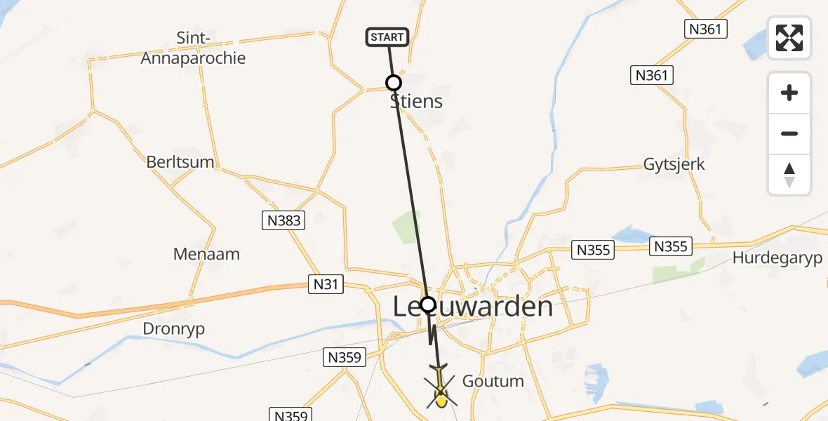 Routekaart van de vlucht: Ambulanceheli naar Leeuwarden