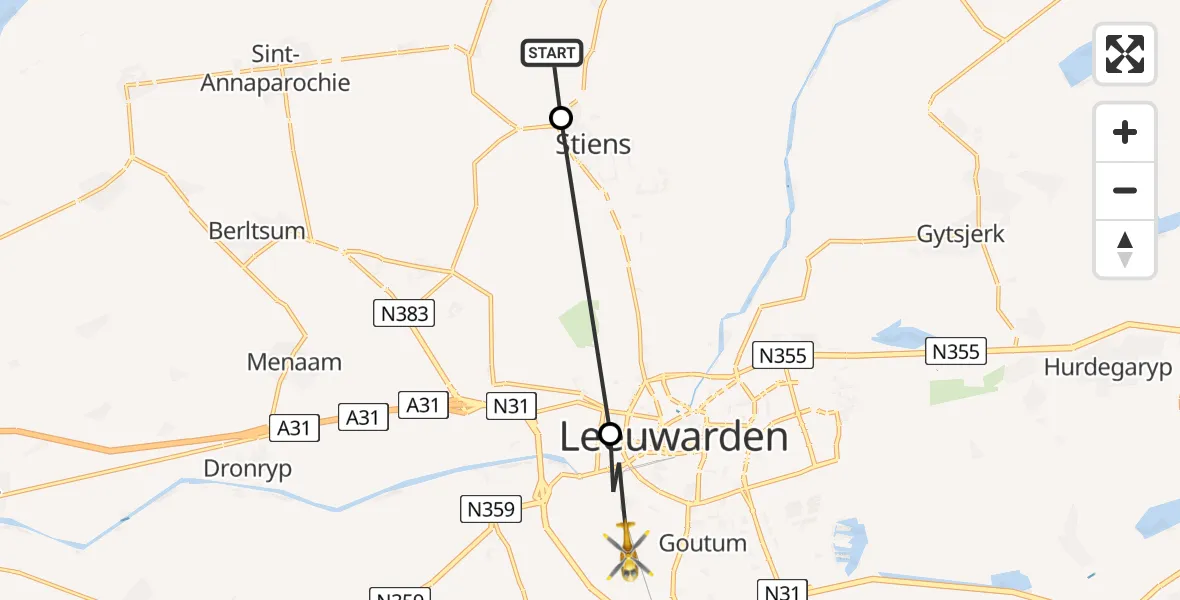 Vluchtroute Ambulancehelikopter Feinsum - Leeuwarden, 07 juli 2023, 17:43