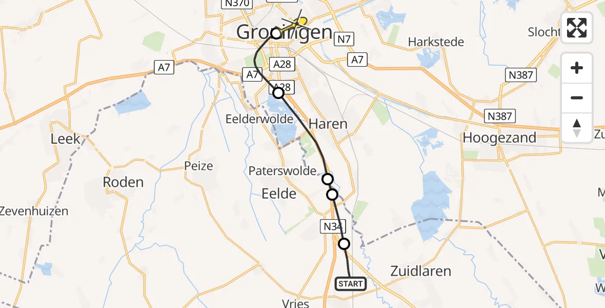 Routekaart van de vlucht: Lifeliner 4 naar Universitair Medisch Centrum Groningen