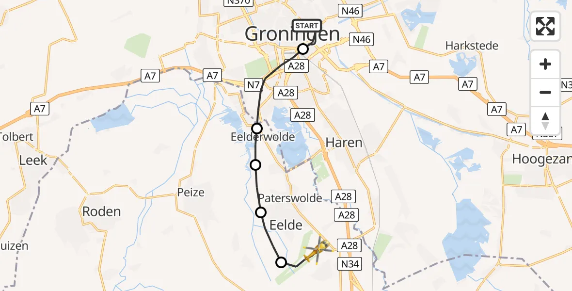 Vluchtroute Traumahelikopter Universitair Medisch Centrum Groningen - Groningen Airport Eelde, 07 juli 2023, 18:36