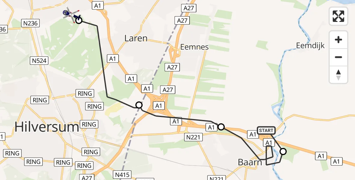 Vluchtroute Politiehelikopter Eemnes - Bussum, 07 juli 2023, 19:46