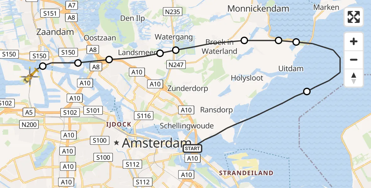 Vluchtroute Traumahelikopter Amsterdam - Amsterdam Heliport, 07 juli 2023, 21:34